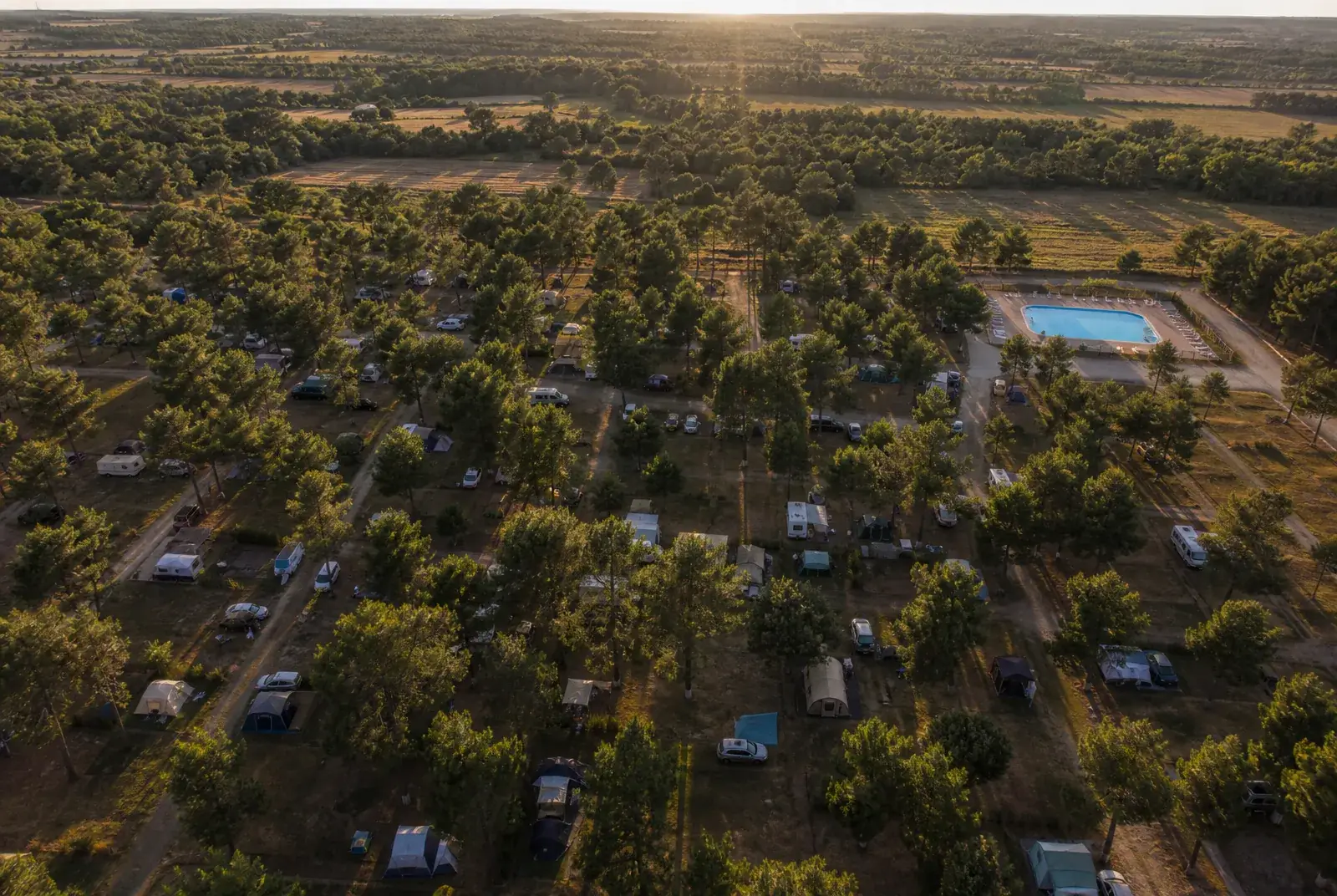 Camping vu du ciel en fin d’après-midi, les allées et les zones d’emplacements dessinées entre les pins, la piscine à l’écart.