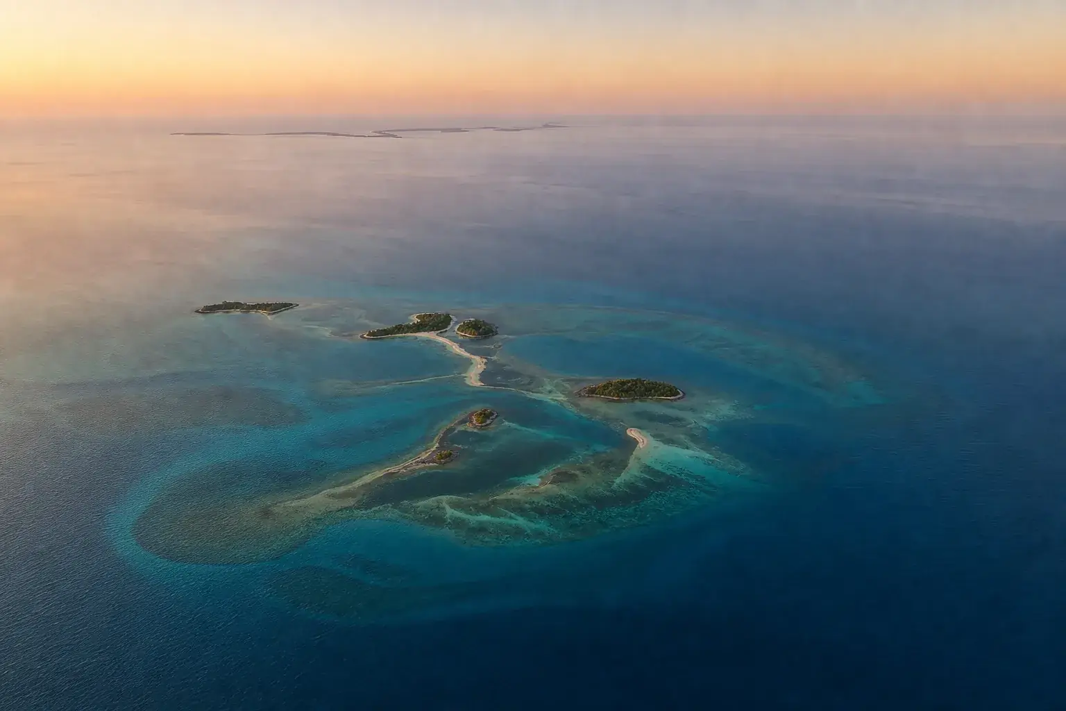 Petit archipel vu de très haute altitude à l’aube, des îles dispersées sur une mer calme, les bancs de sable visibles sous la surface.