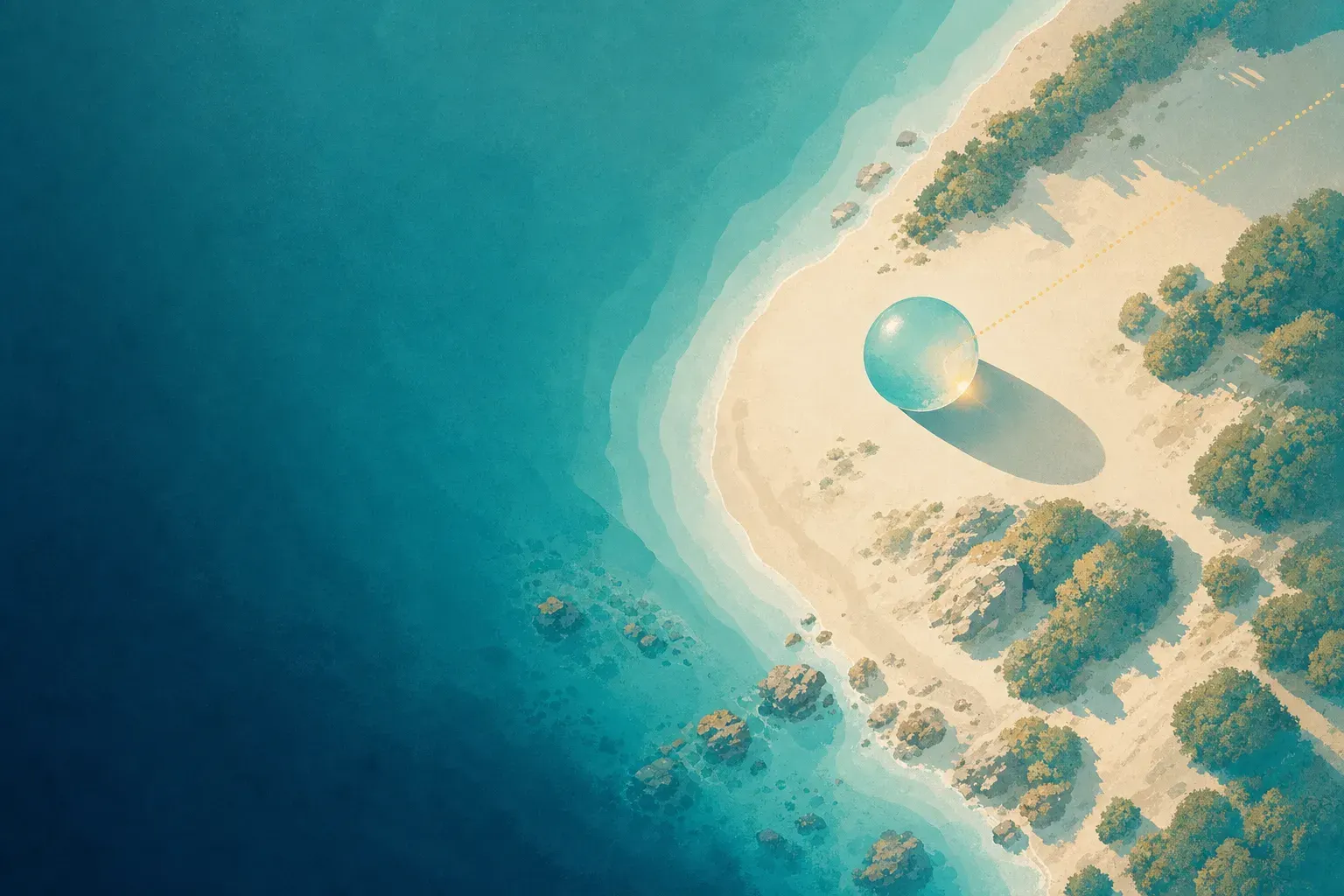 Rivage vu du ciel, une seule sphère de verre posée sur le sable clair, un trait en pointillés dorés qui s’en échappe vers le bord du cadre.