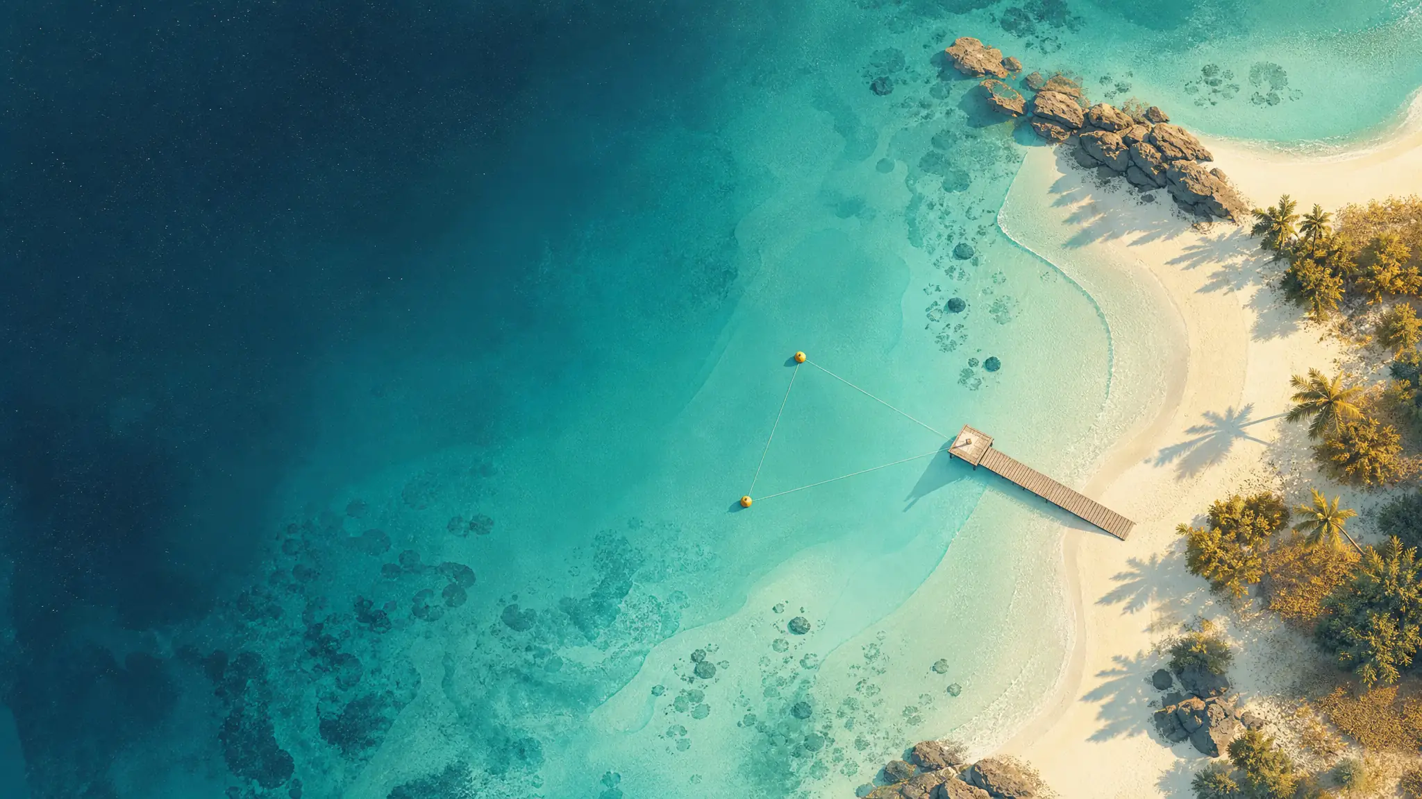 Lagon vu du ciel, trois bouées de repérage flottant près d’un ponton et reliées par des lignes fines.