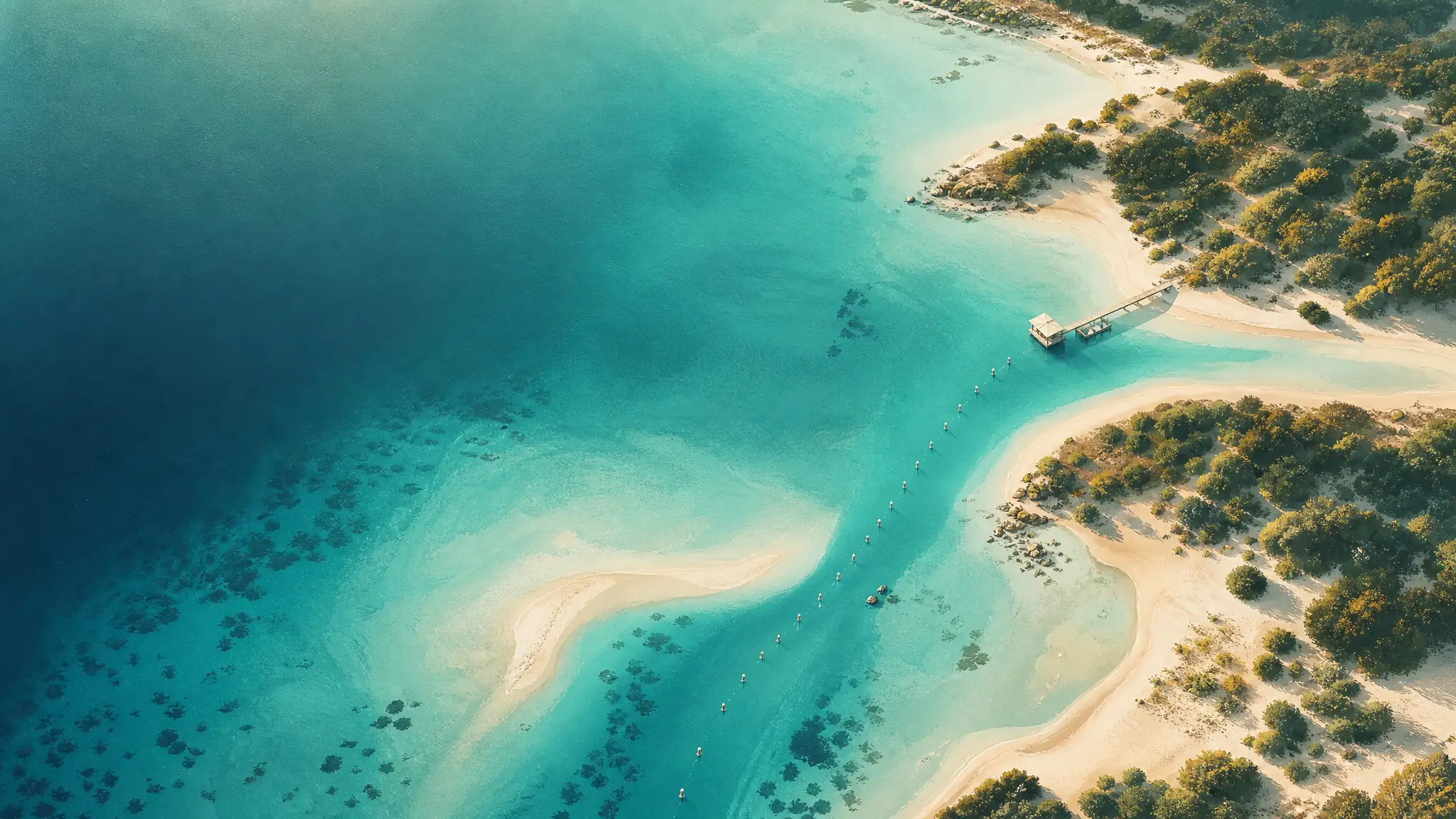 Baie vue du ciel où un chenal balisé converge vers un unique ponton d’accueil.
