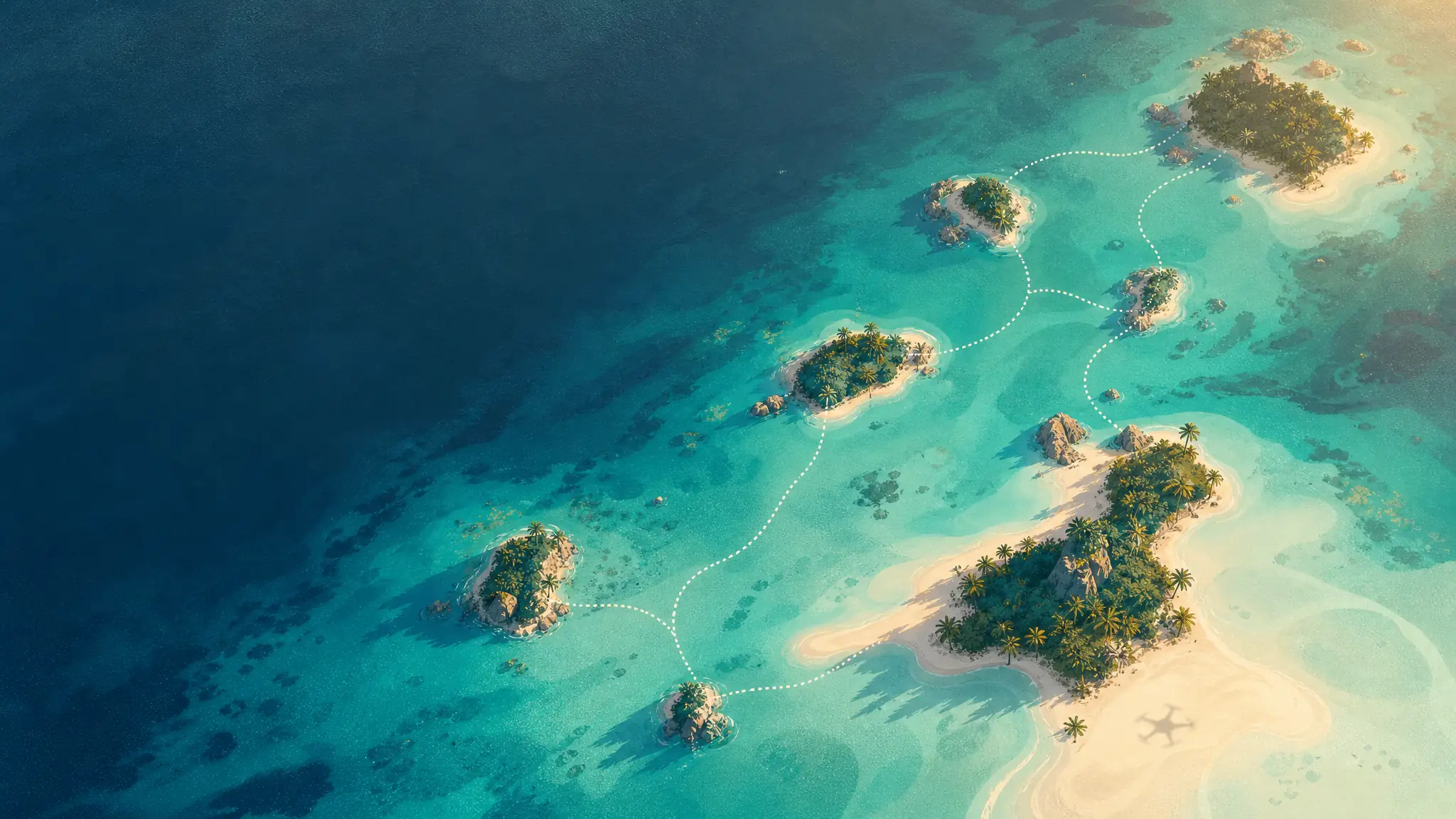 Archipel de petites îles vues de très haut, reliées par des lignes de navigation en pointillés.