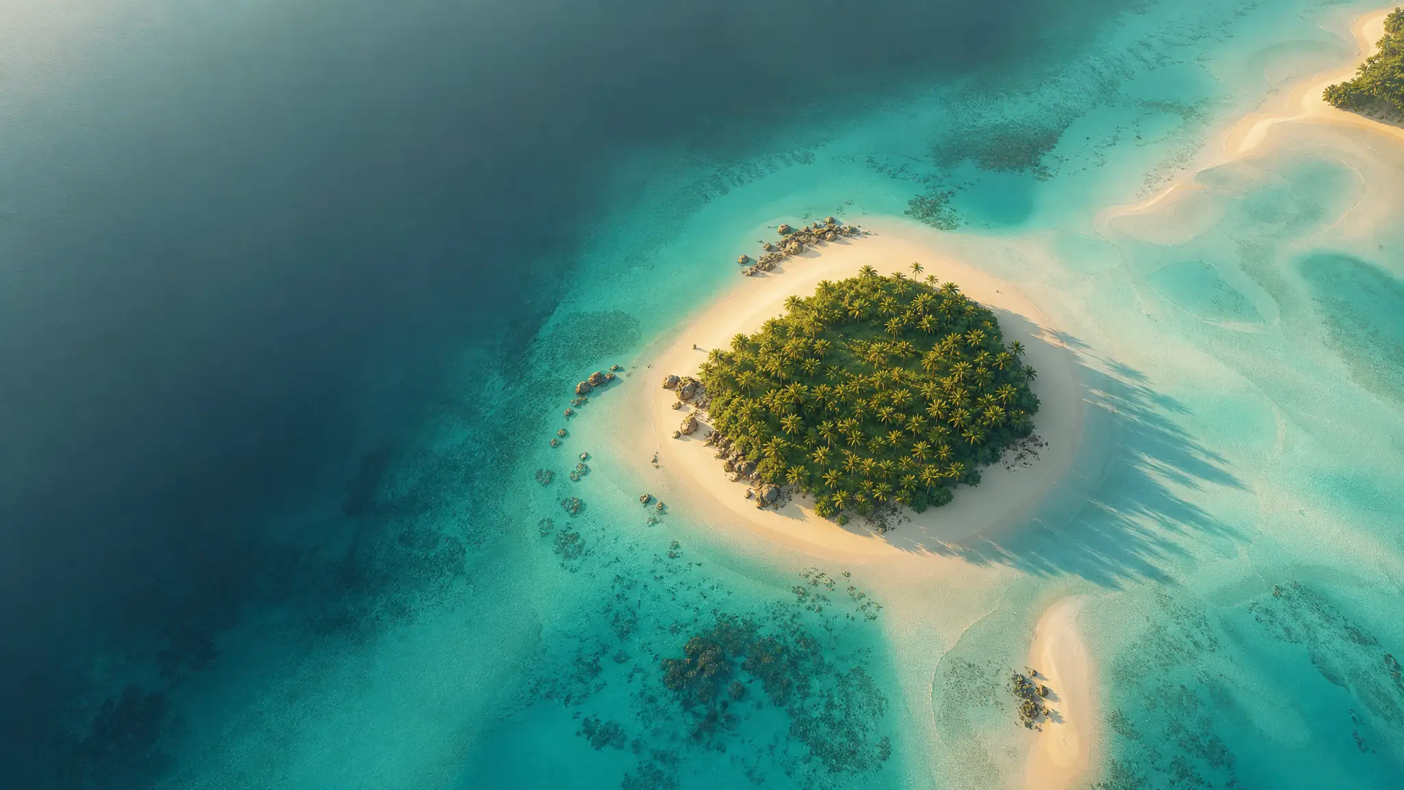 Lagon profond et paisible, une seule île ancrée au centre, longues ombres douces.