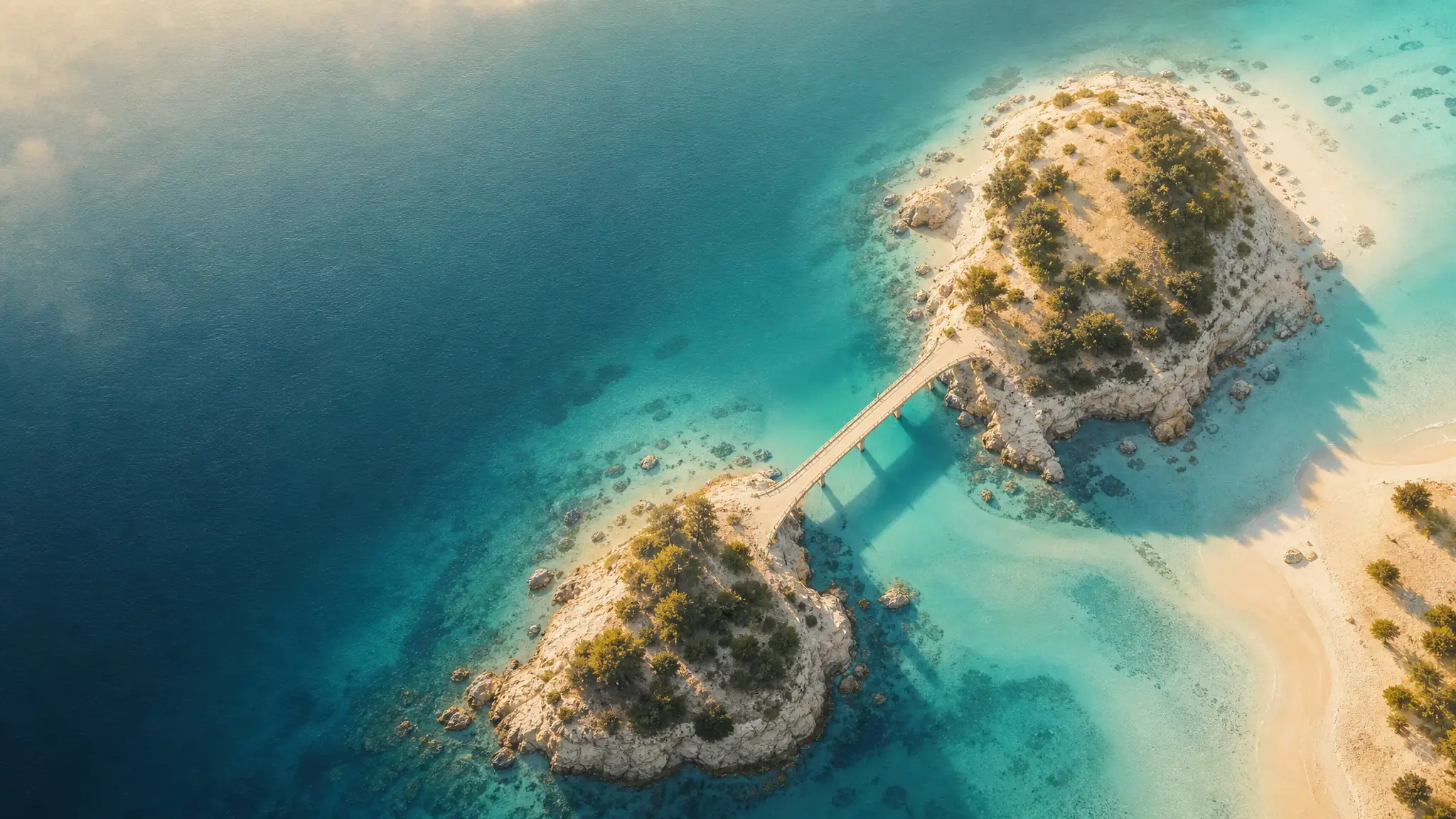 Deux îles reliées par un pont clair au-dessus d’un chenal turquoise étroit.