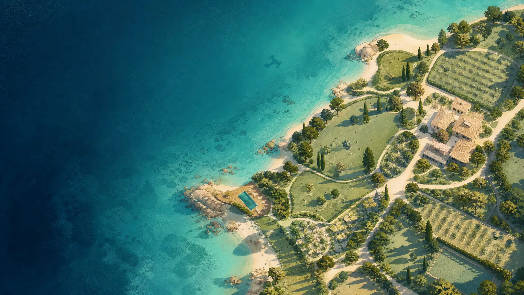 Domaine côtier vu du ciel dont les allées et les parcelles se lisent comme sur un plan dessiné.