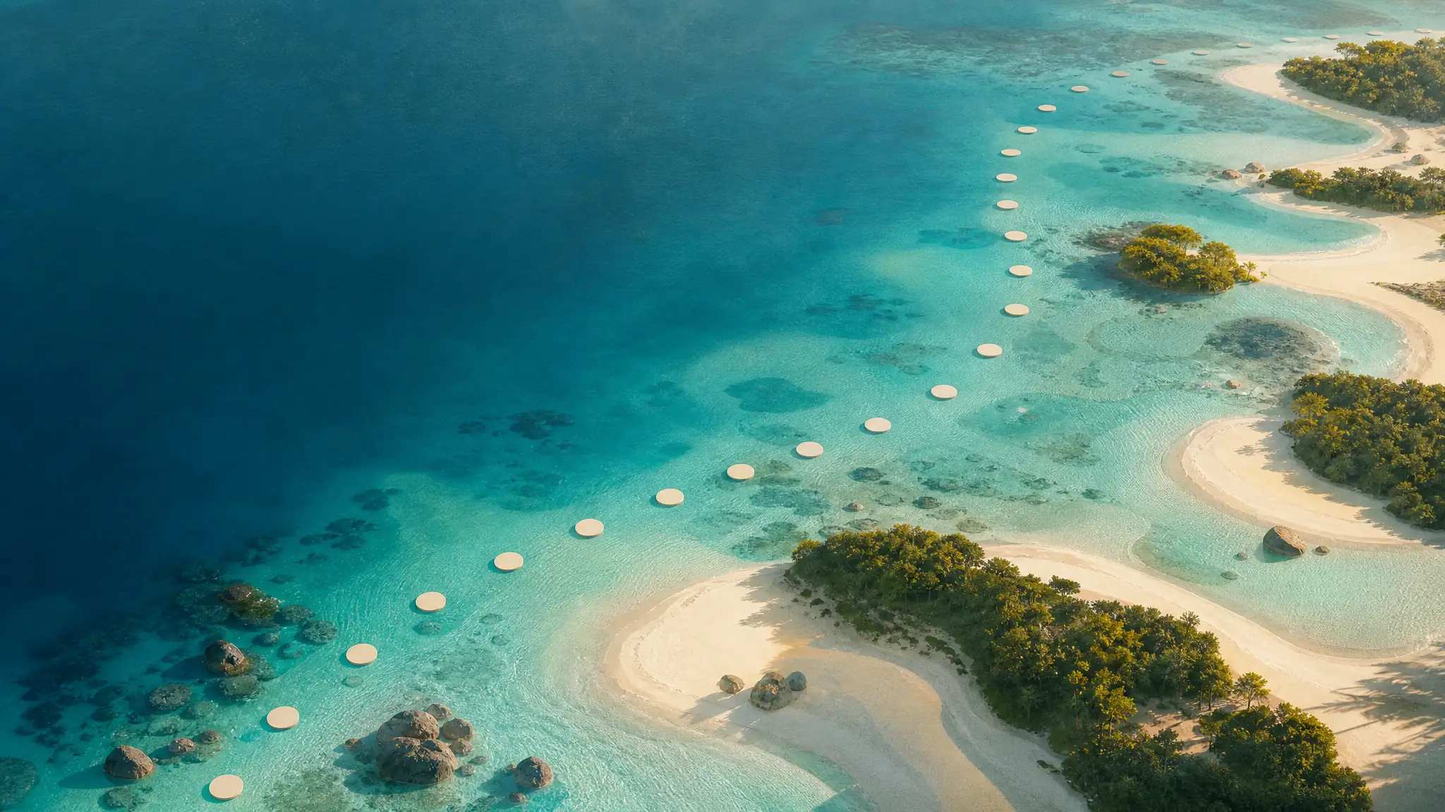 Baie vue du ciel où des repères circulaires réguliers dessinent un parcours d’un bout à l’autre du rivage.