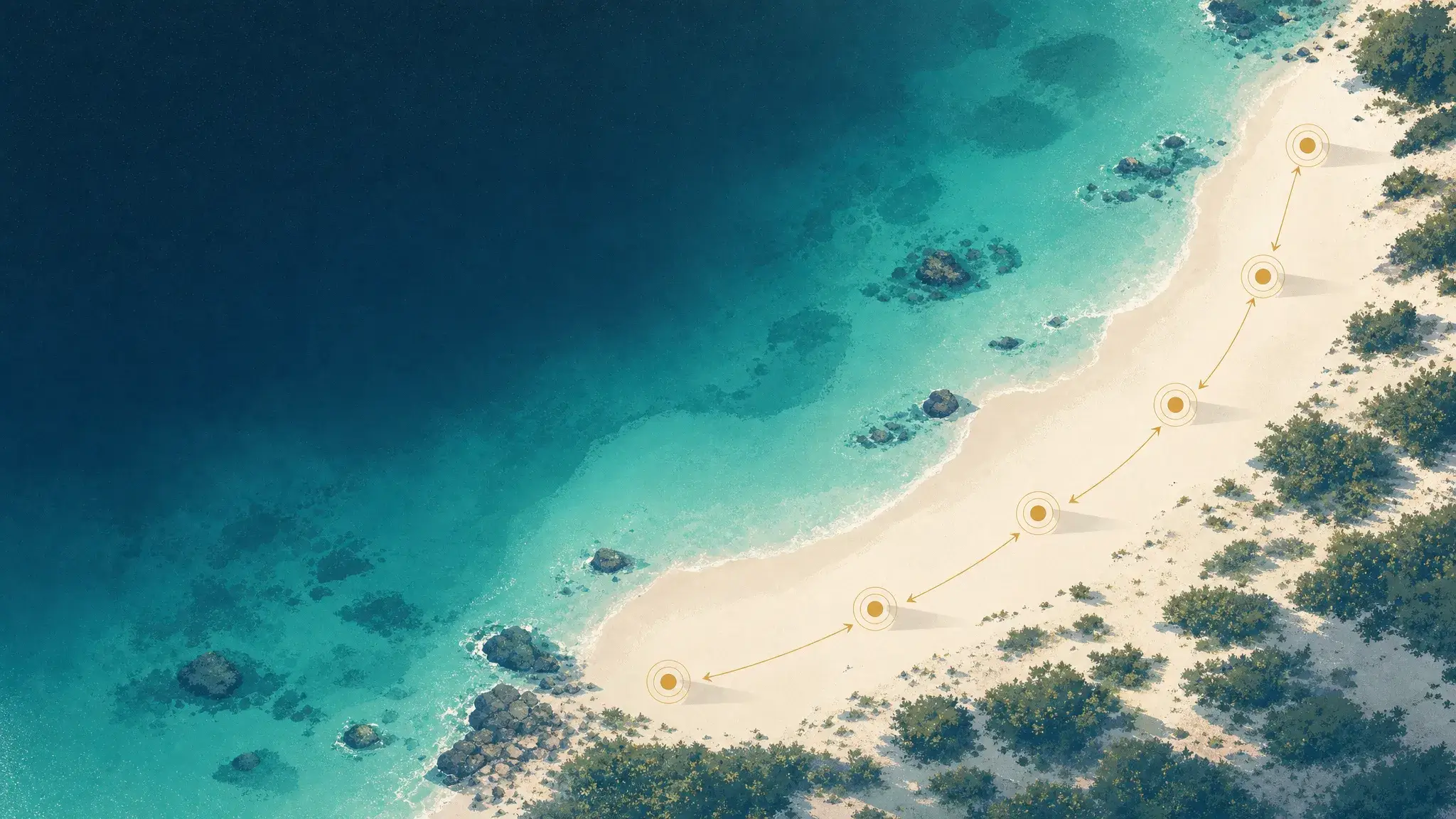 Littoral vu du ciel, six repères circulaires posés le long de la plage et reliés entre eux par de fines flèches dorées.