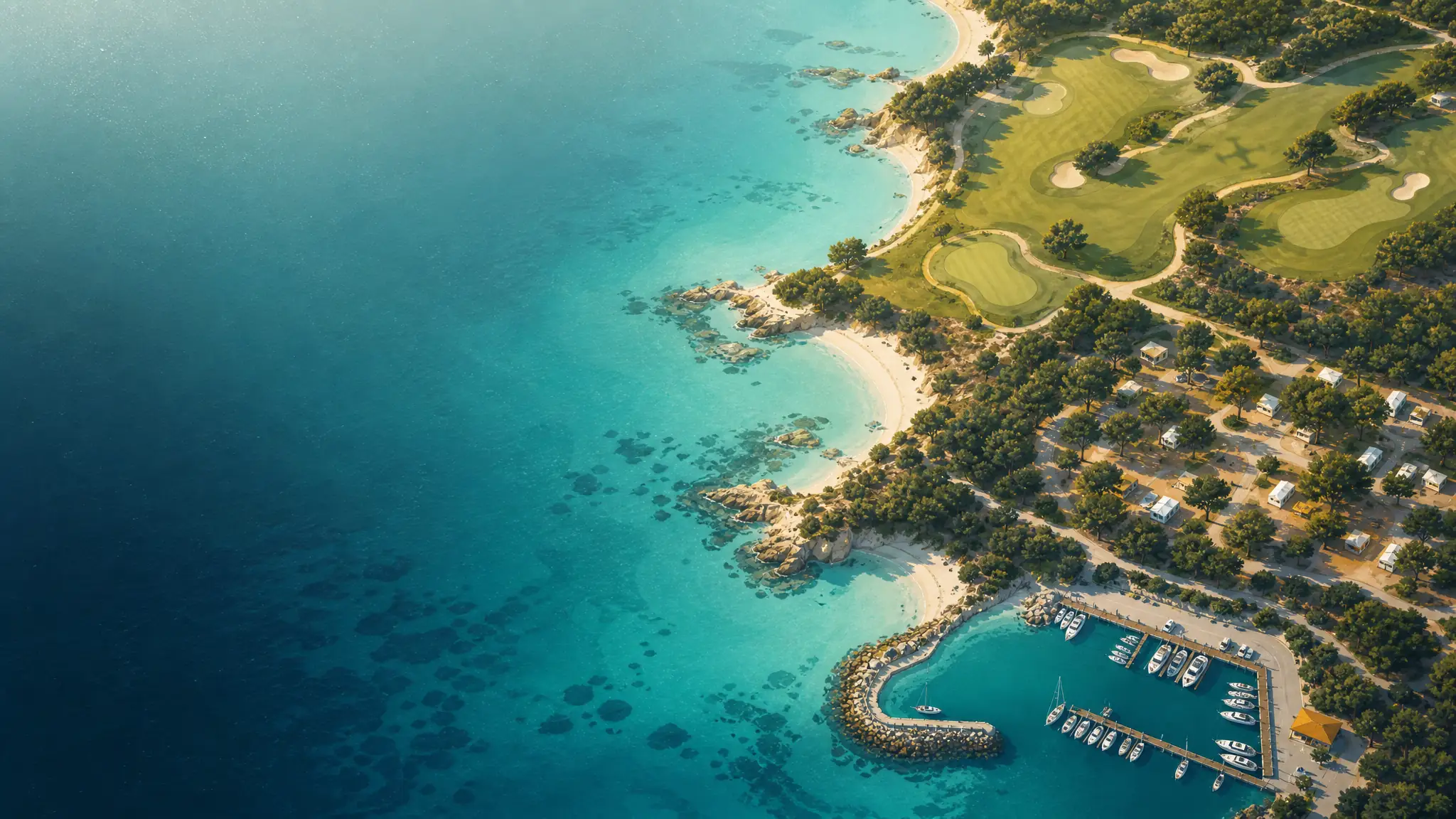 Vue aérienne d’une côte où voisinent un parcours de golf, un camping sous les pins et un petit port de plaisance.