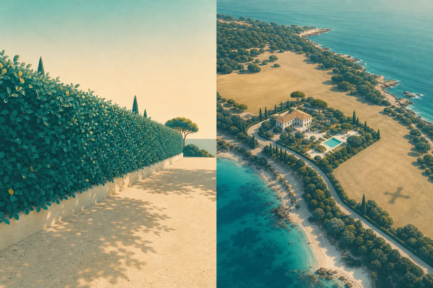 Le même domaine montré deux fois : au ras du sol on ne voit qu’une haie, vu du ciel toutes les distances se lisent.