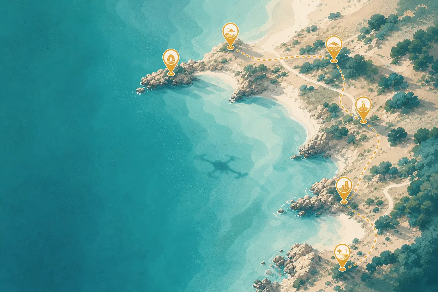 L’ombre d’un drone au-dessus d’un littoral, un chemin de vol en pointillés reliant six points de vue marqués.