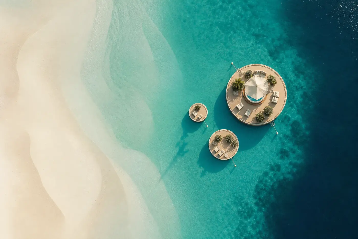 Trois plateformes flottantes de tailles différentes ancrées dans un lagon, la plus grande au large.