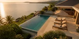 La terrasse et la piscine à débordement, la mer en arrière-plan.
