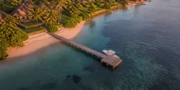 La plage privée et son ponton, vus à quarante mètres.