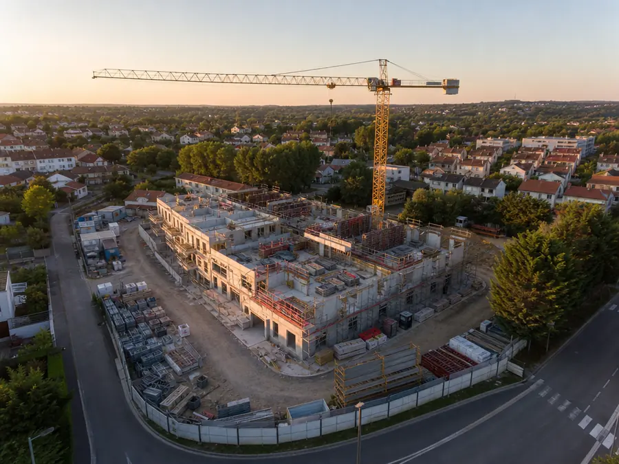 Chantier résidentiel vu du ciel en fin de journée : grue à tour, fondations coulées, étages en cours et matériaux stockés.