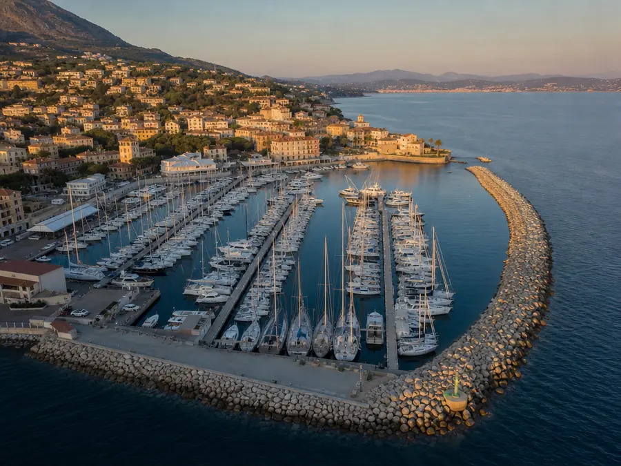 Port de plaisance vu du ciel : pontons alignés remplis de voiliers, digue de pierre et ville portuaire derrière.