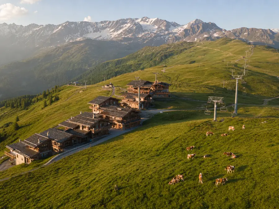 Station de montagne en été vue du ciel : chalets de bois, pylônes de télésiège traversant l’alpage et crêtes enneigées à l’horizon.