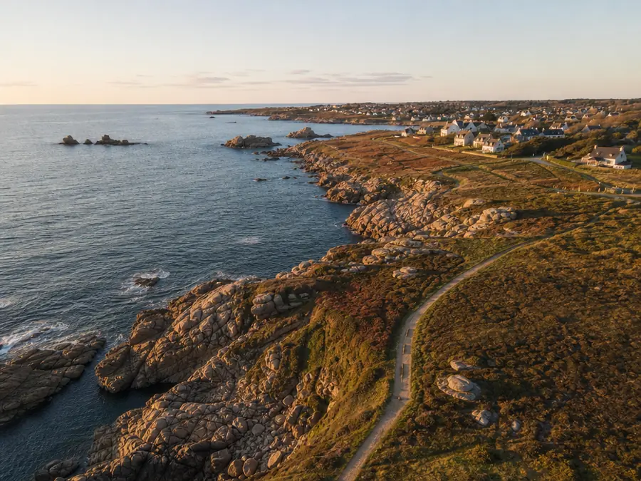 Côte bretonne au couchant vue du ciel : criques de granit, sentier côtier et village à l’horizon.